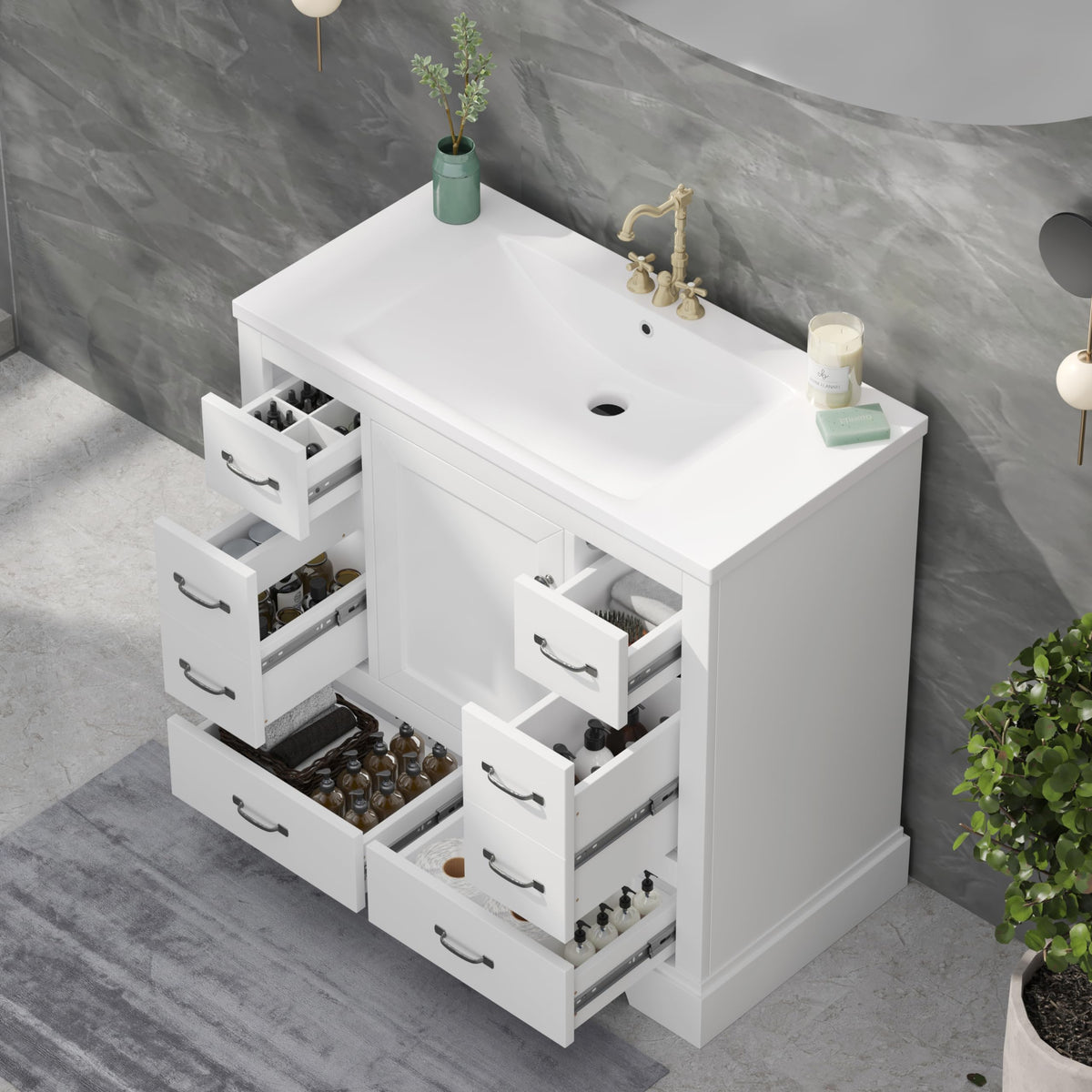 36" Bathroom Vanity Cabinet with Sink Set w/Painted Solid Wood Legs, Undermount Ceramic Top, Multi-Functional Drawers, Storage Dividers, White