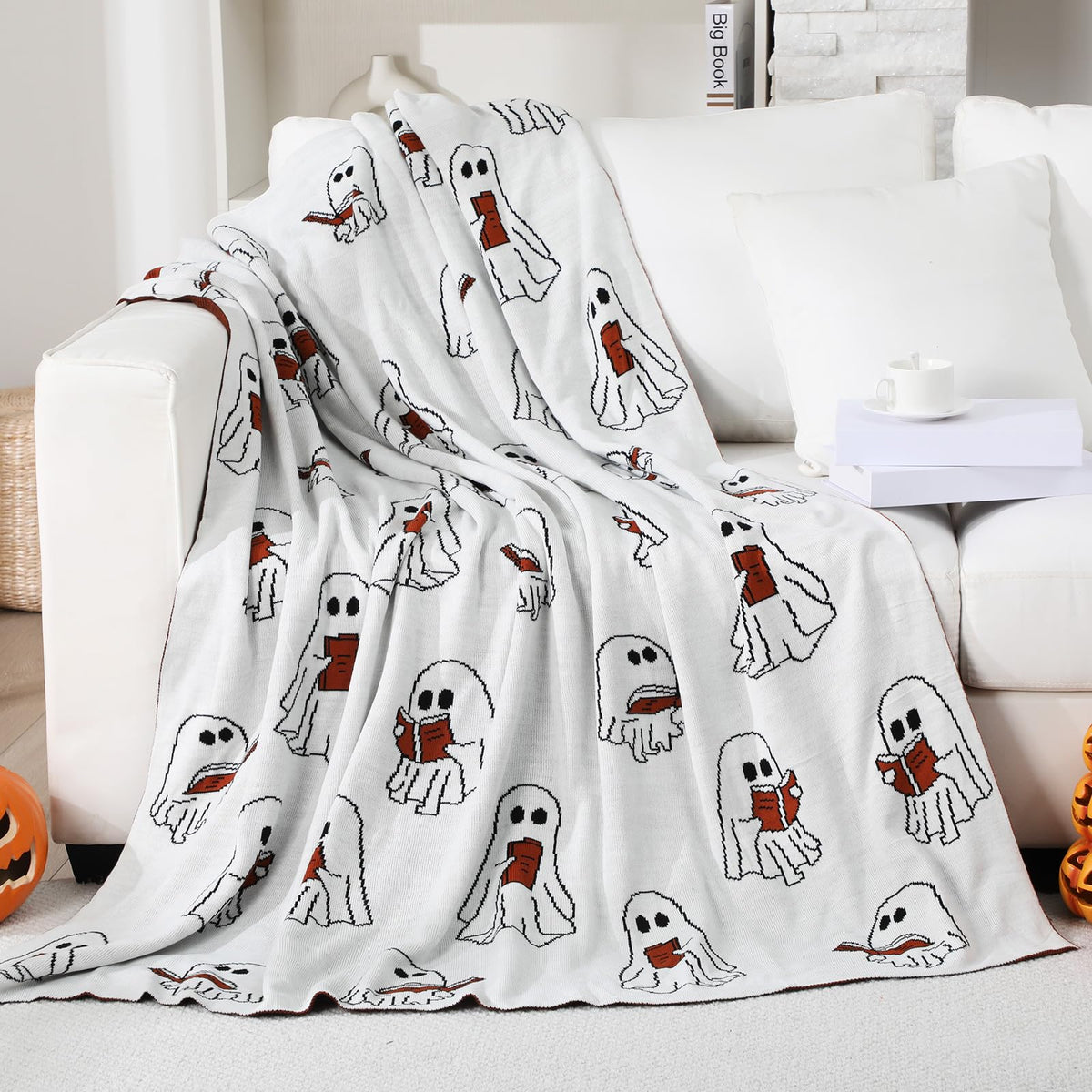 SmoothNovelty Easter Day Halloween Ghost Reading Book Blanket 50 x 60 Inches Soft Knit Throw with Ghosts Reading Book Pattern Halloween Easter Decoration Gift for Living Room Couch Sofa Bed