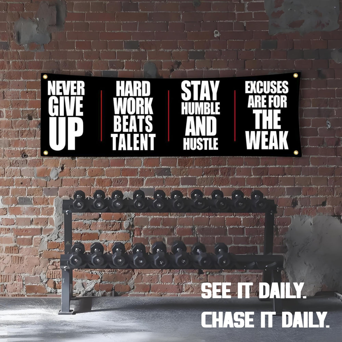"NEVER GIVE UP" Motivational Gym Banner - Fitness Wall Art for Home Gym & Office - Workout Encouragement Tapestry with Inspirational Quote for Exercise Room and Dorm Decor