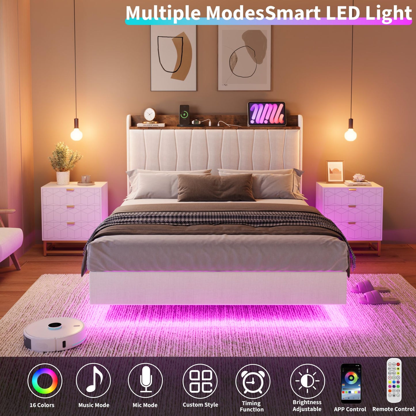 IDEALHOUSE King Floating Bed Frame with LED Lights & Charging Station, Upholstered Platform Bed with Storage Headboard, Wood Slats Support, No Box Spring Needed, Easy to Assemble, White
