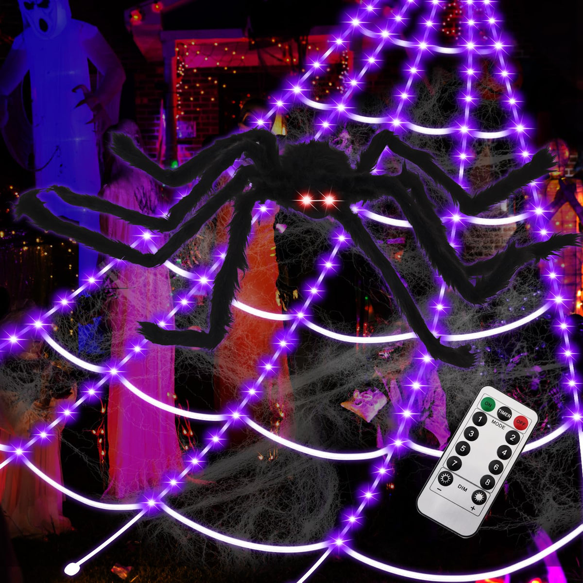 Eossth Spider Webs Halloween Decorations,16.4Ft 8Modes Super Bright 250LED Halloween Lights with Remote Control,49'' Giant Glowing Super-Realistic Spider,Halloween Decorations for Yard,Outside