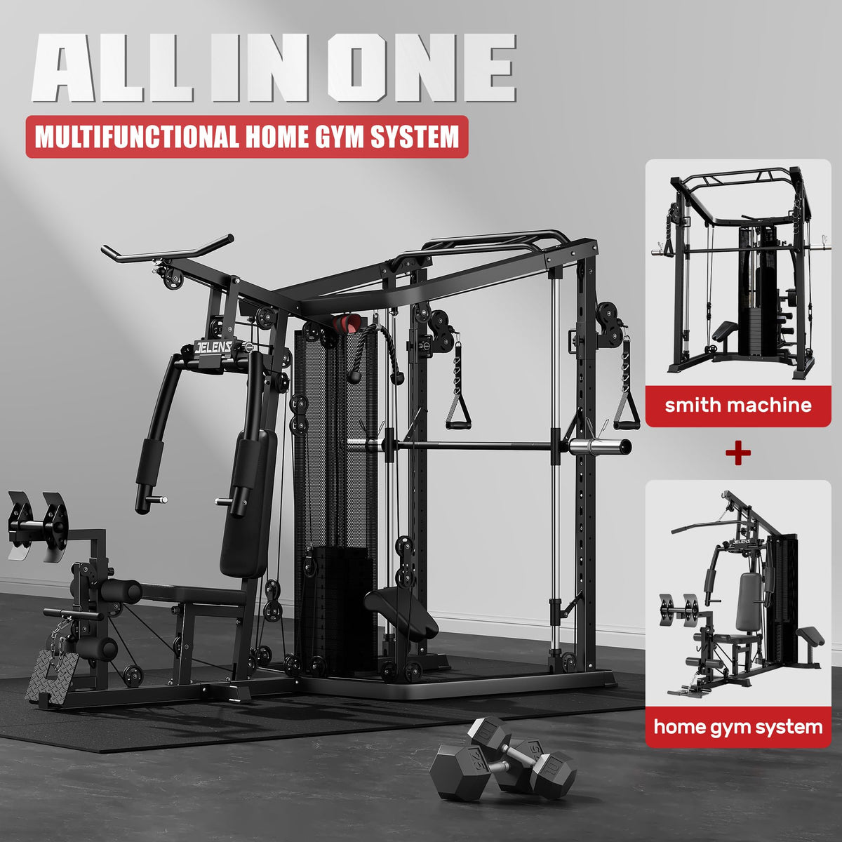 JELENS Home Gym System, 150LB Weight Stack Smith Machine with LAT Pull-Down & Leg Press, All-in-One Strength Training Equipment, Workout Station for Workout (Black, 230LBS Black Weights Package)