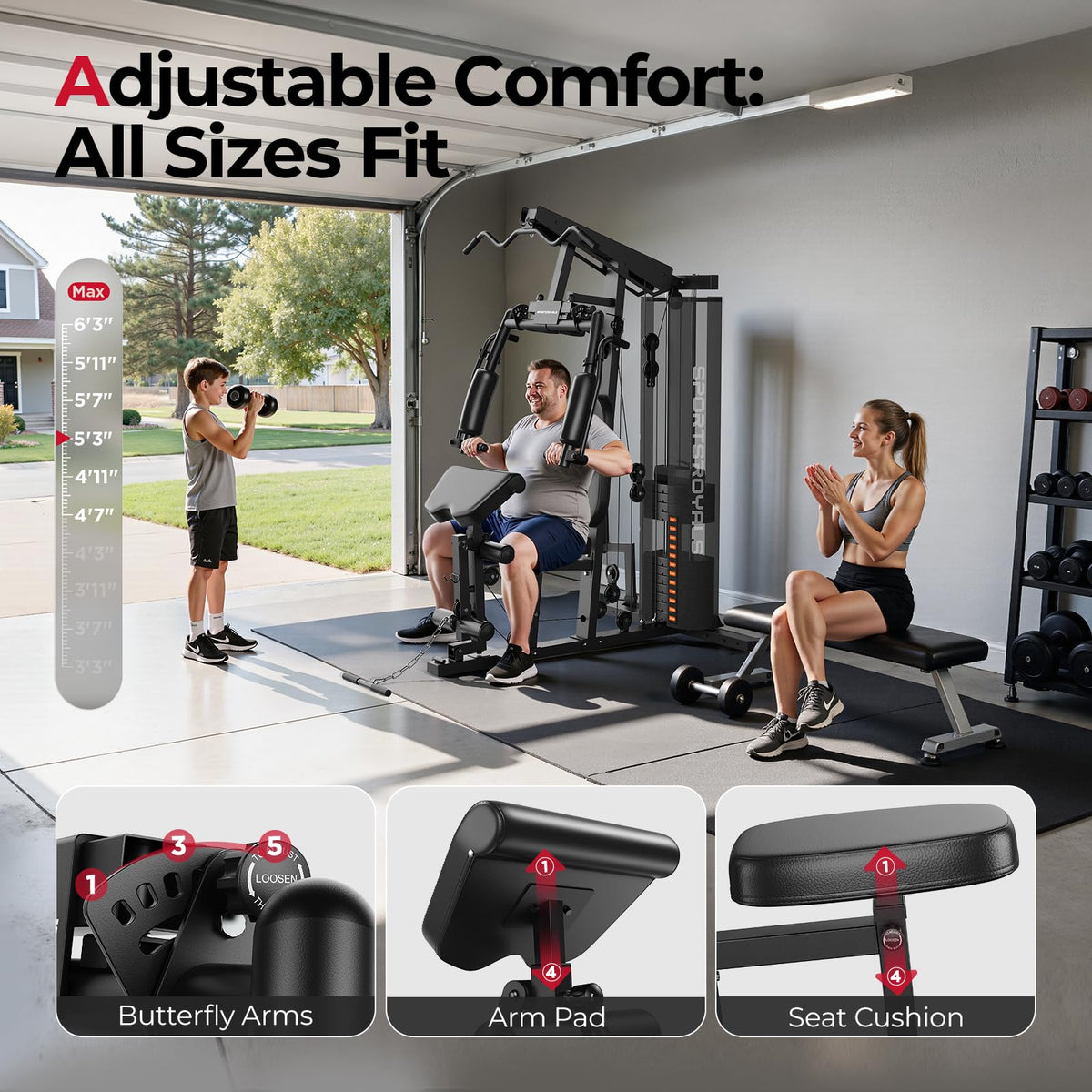 Sportsroyals Home Gym, Multifunctional Workout Station with Leg Press, 150LBS Weight Stack Full Body Workout Equipment for Home Exercise Fitness Strength Training (Black)