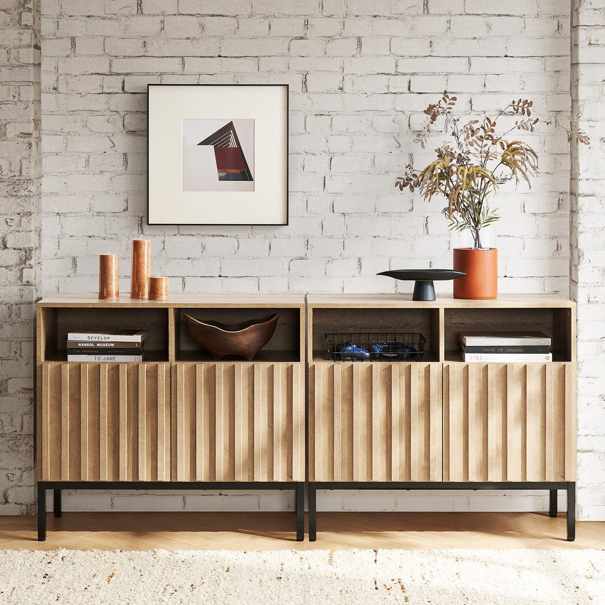 mopio Norwin Storage Cabinet, Sturdy Modern Rustic Industrial Buffet Sideboard, Fluted Accent Storage Cabinets, Credenza, Oak Wood TV Stand, Entertainment Center, Media Console, Living Room (Single)