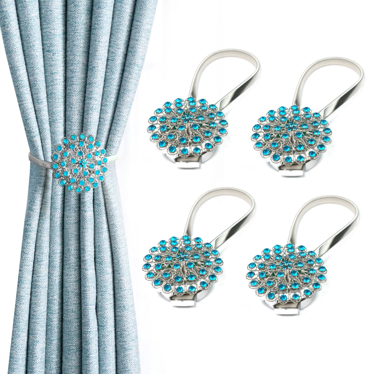 4 Packs Curtain Magnetic Buckle Spring Window Decoration Curtain Tie Rope for Home Office Decoration (Peacock Blue)