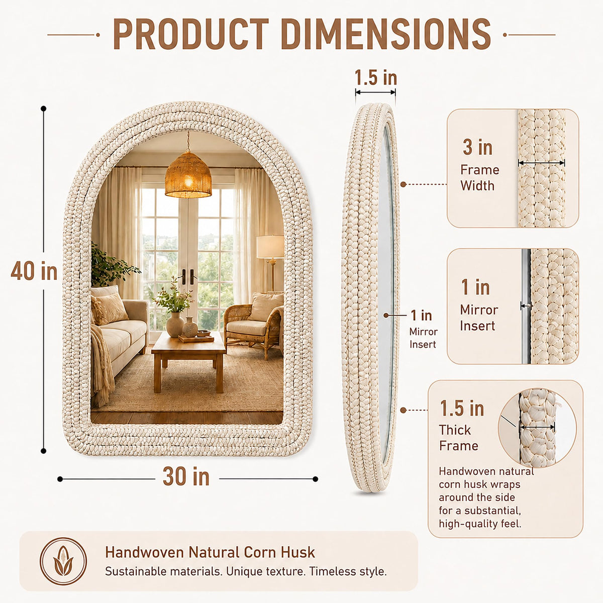 CAVINHOME 30" x 40" Arched Wall Mirror, Handwoven Natural Corn Husk Fiber with Light Whitewashed Finish, Warm Boho Coastal Style for Entryway, Bedroom, Living Room, Vertical Hanging