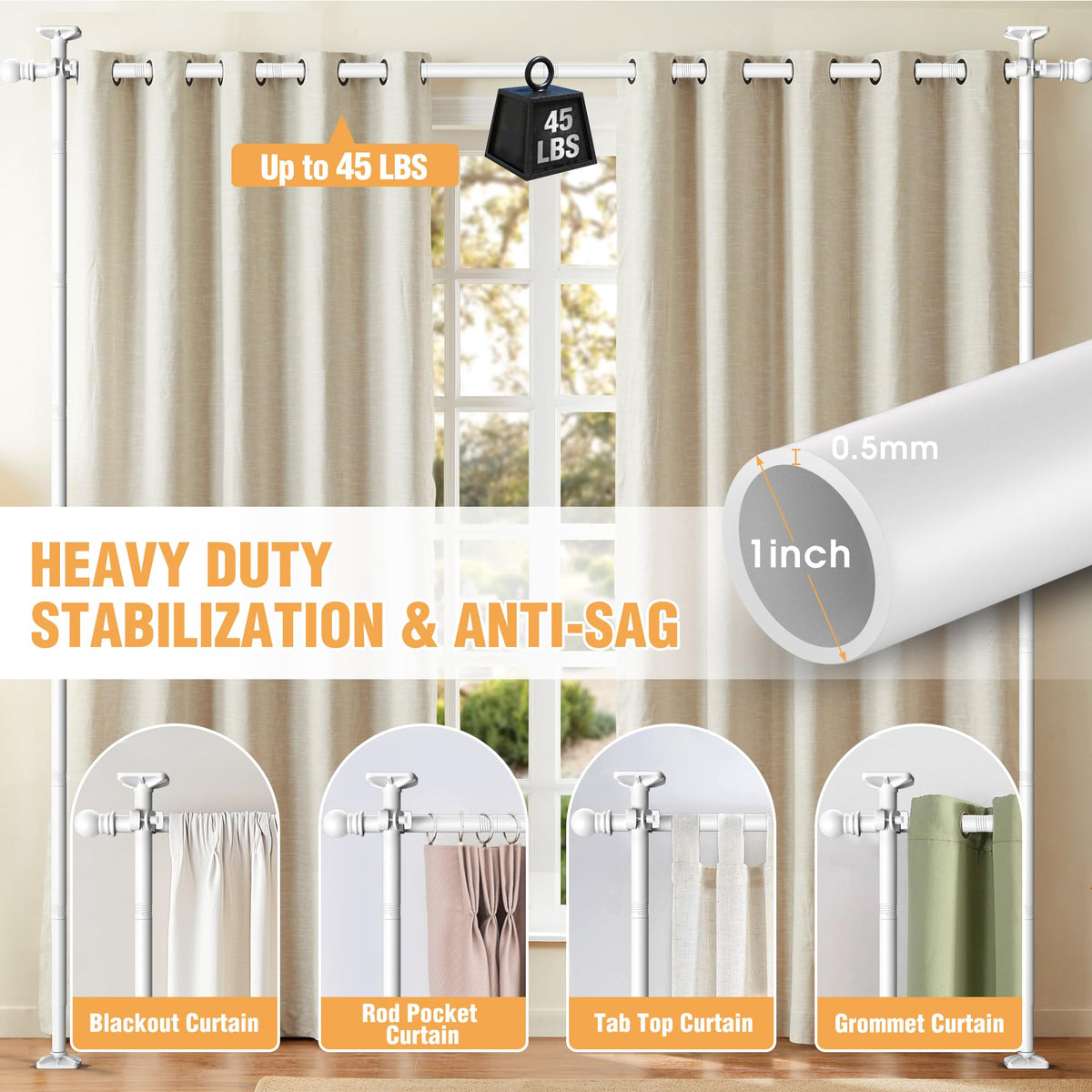 AKTOP Room Divider Curtain Rod, No Drilling Privacy Room Separator for Space Partition, 4-11ft(H) 28-117”(W) Adjustable Heavy Duty Floor to Ceiling Wall Divider Tension Rod for Room Separation, White