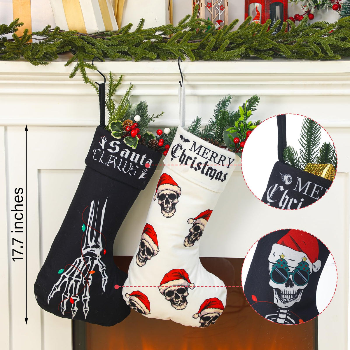 Kinlop 6 Pcs Black and White Gothic Christmas Stocking 17 Inches Goth Xmas Stockings Skeleton Hand Santa Claus Hanging Ornament for Christmas Tree Candy Gift Storage Bags Holiday Fireplace Party Decor