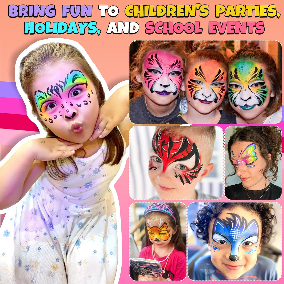 Drawdart Professional Face Painting Kit for Kids Adults, Large Split Cake Face Paint Palette with Glitters, One Stroke Non-Toxic Rainbow Face Body Makeup Kit for Festival, Party & Cosplay Makeup