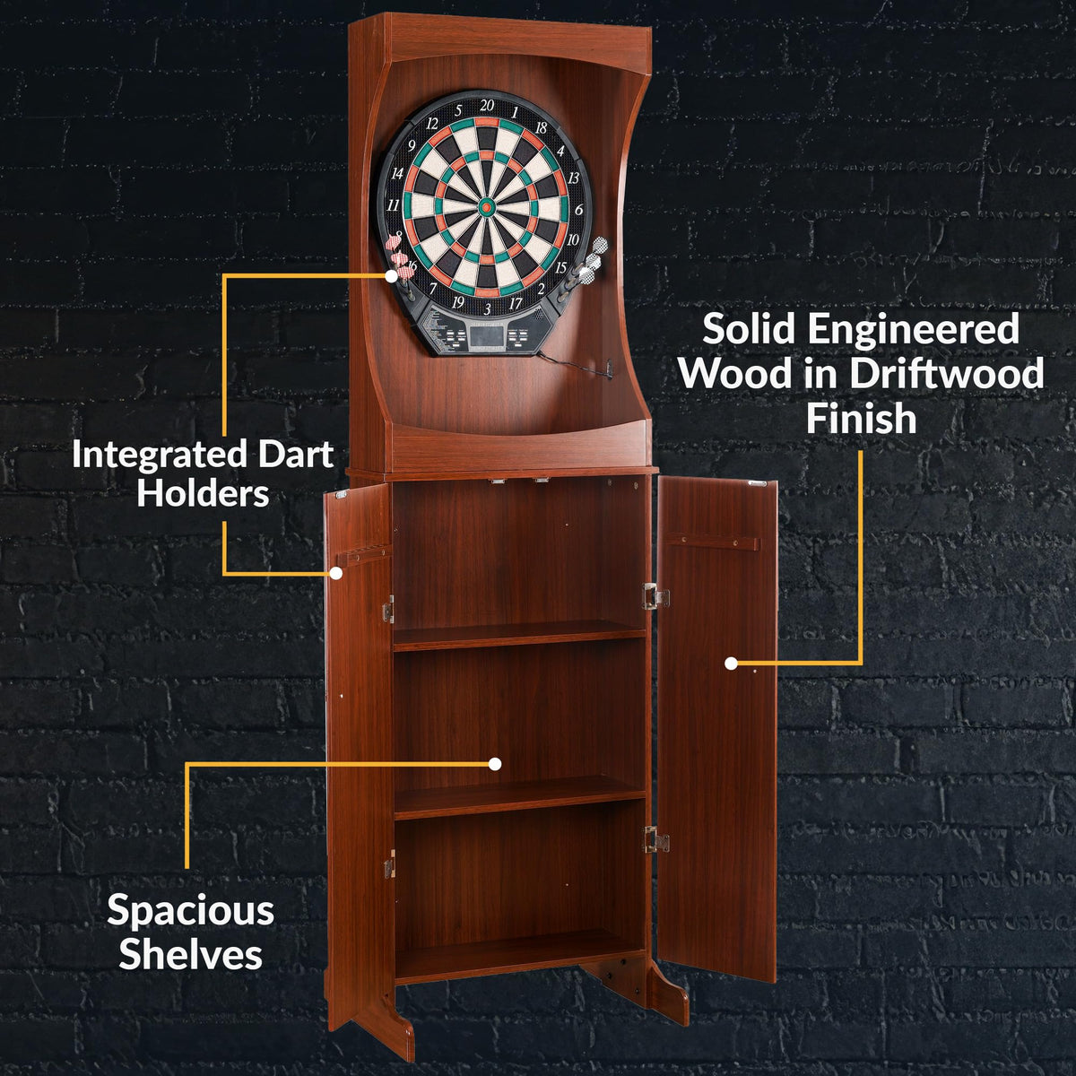 Hathaway Outlaw Electronic Dart Board Cabinet Set - 81-in Electric Dart Board with Cabinet - Professional Dart Board with 6 Soft Tip Electronic Darts, AC Adapter, and Dart Scoreboard - Cherry Finish