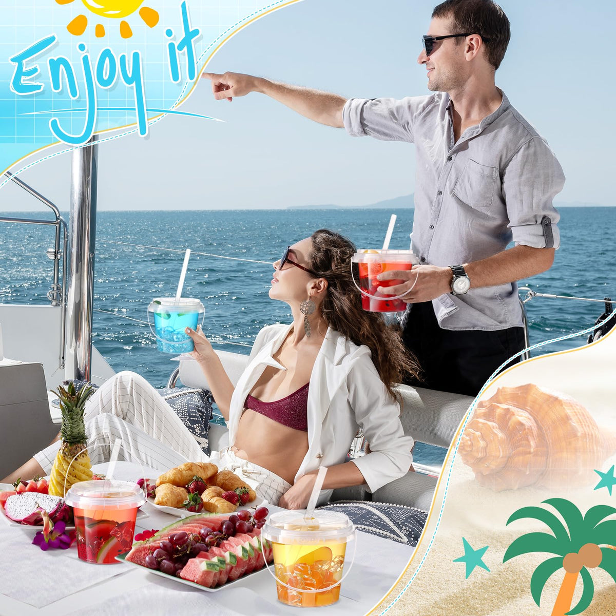 Funnymoom 15 Set 24oz Clear Plastic Drink Buckets with Lids and Straws Disposable Iced Coffee Cups Rum Buckets for Cocktail Parties Smoothie Cup Bulk with Handles for Beach Pool Party Supplies