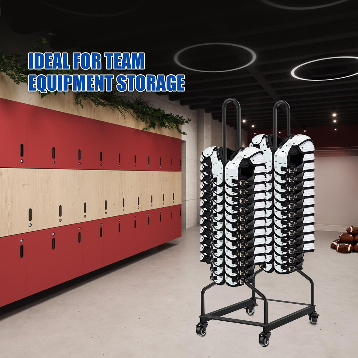 Football Shoulder Pad Rack with Lockable Wheels, Heavy Duty Steel Football Shoulder Pad Organizer, Large Capacity Sports Equipment Storage Rack for Locker Room, Team Equipment and Training Facilities