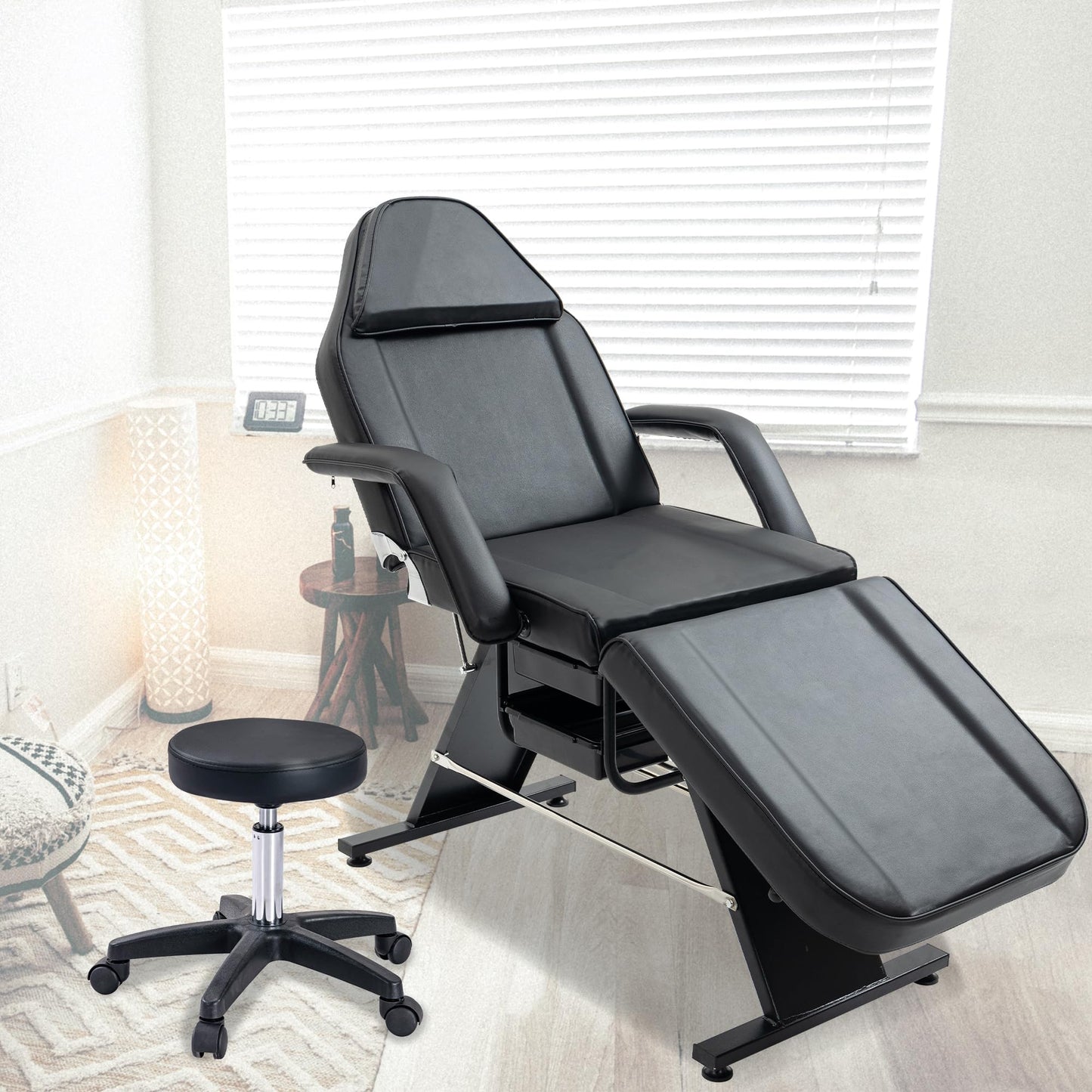 Massage Salon Tattoo Chair with Two Trays Esthetician Bed with Hydraulic Stool,Multi Purpose 3 Section Facial Bed Table, Adjustable Beauty Barber Spa Beauty Equipment, Black