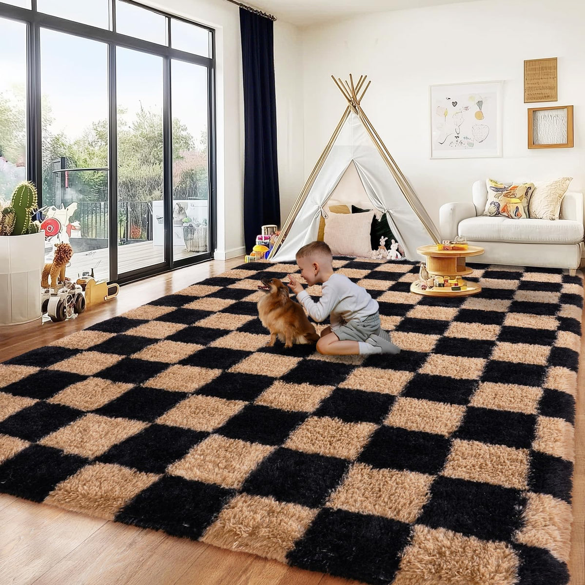 PIPABOBO Checkered Rug 4x6 for Bedroom, Fluffy Plush Area Rug Non Slip, Modern Indoor Shag Rugs for Living Room Girls Kids Room Nursery Dorm Home Decor, Black and Beige
