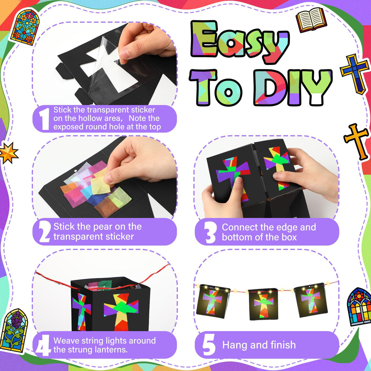 VIHOSE 24 Sets Religious Cross Craft Christian DIY Hanging Christian Lantern Tissue Paper Crafts with Light String Make Your Own Paper Lantern Decorations for Church Sunday School Vbs Activities