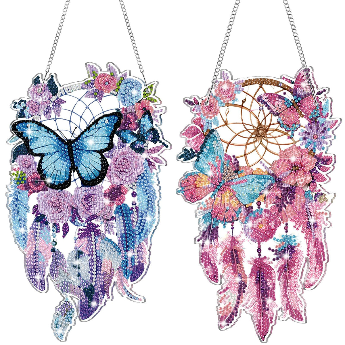 Saillong 2 Pcs Dream Catcher Diamond Art Painting Kits for Adults DIY Purple Butterfly Suncatcher Hanging Diamond Art Painting Wind Chime Hanging for Home Window Door Decor