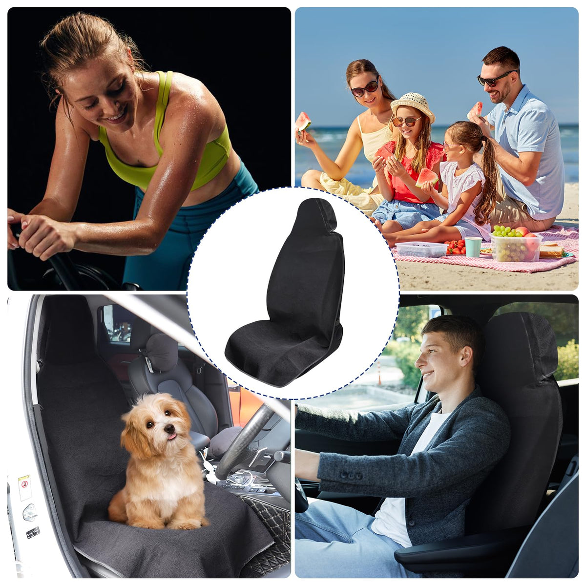 nomiou Waterproof Sweating Car Towel Seat Cover for Gym Workout, Running, Swimming, Beach and Hiking, Universal Fit Non-Slip Towel Bucket Seat Protector for Cars SUV Trucks (Black)