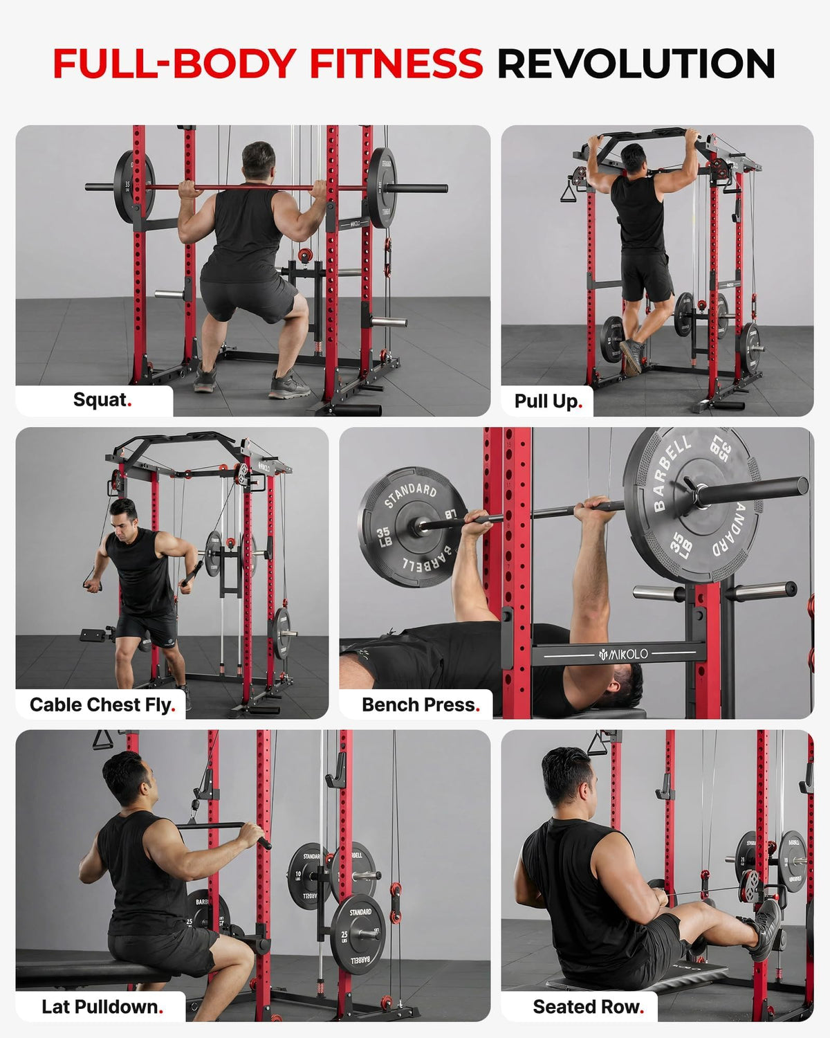 Mikolo K6 2.0 Power Cage, Power Rack with Cable Crossover System, 2000LBS Squat Rack with LAT Pull Down System, Functional Trainer with Aluminum Pulley System for Home Gym, Red