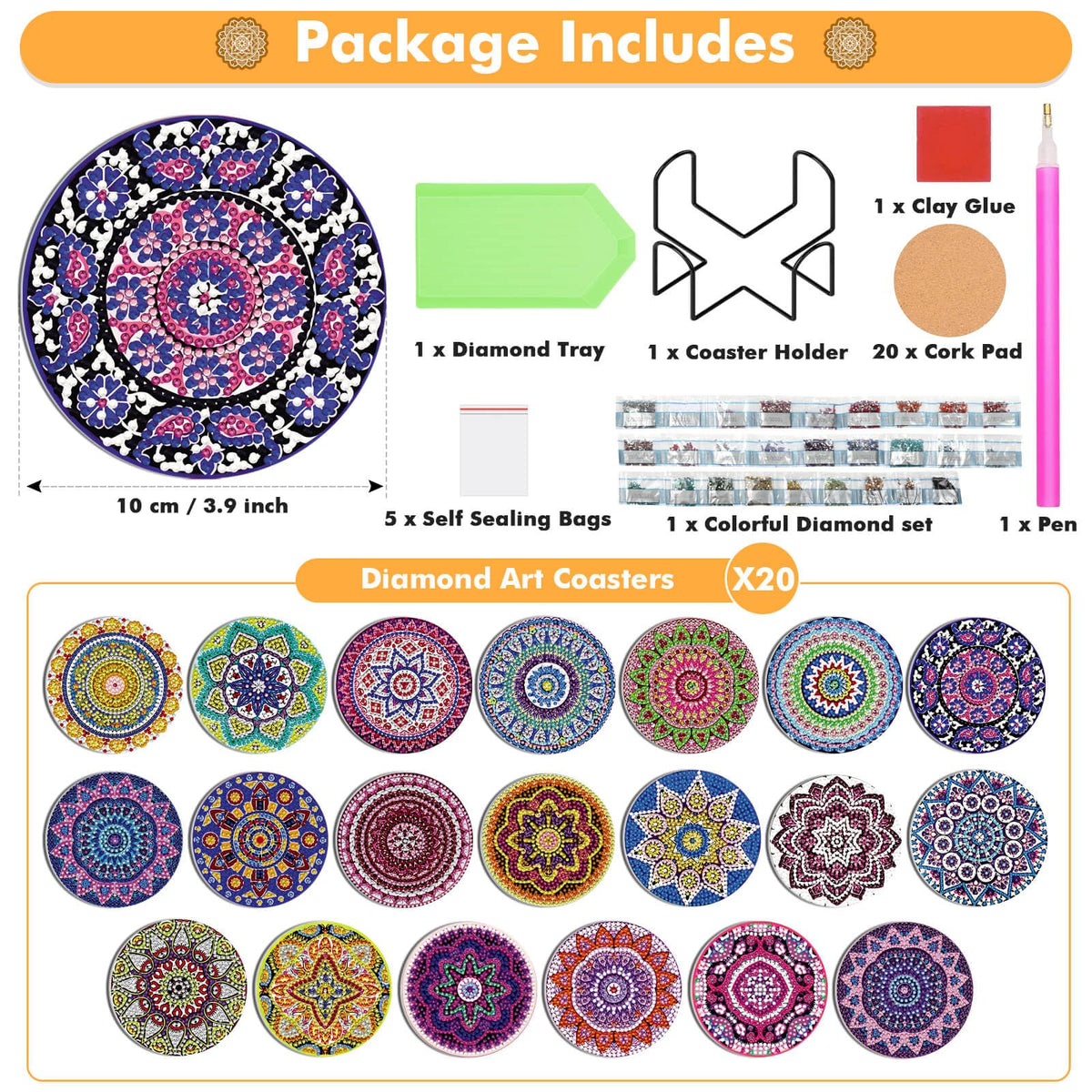Caffox 20 Pieces Diamond Art Painting Coasters Kit with Holder, Diamond Art Coasters, DIY Diamond Art Crafts Projects, Diamond Art Kits for Adults and Beginners(Mandala Style)