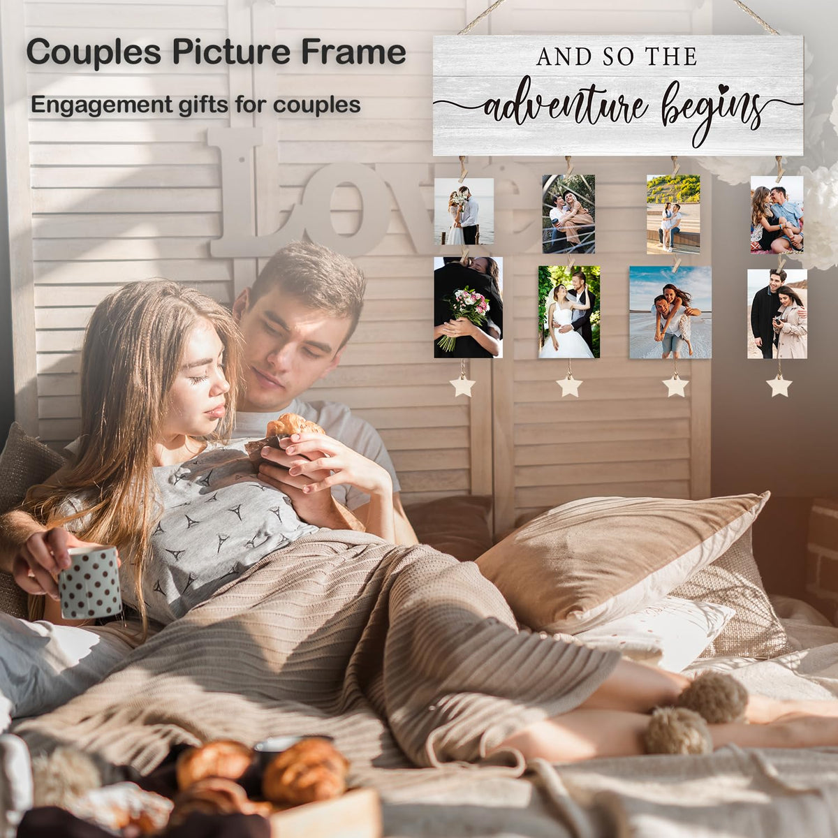 Orchroma Couple Picture Frames Collage Wall Decor,Engagement Wedding Picture Board,Engagement Gifts for Couples,Bridal Shower Decorations,Picture Hanging Kit,Hanging Photo Display with Clips