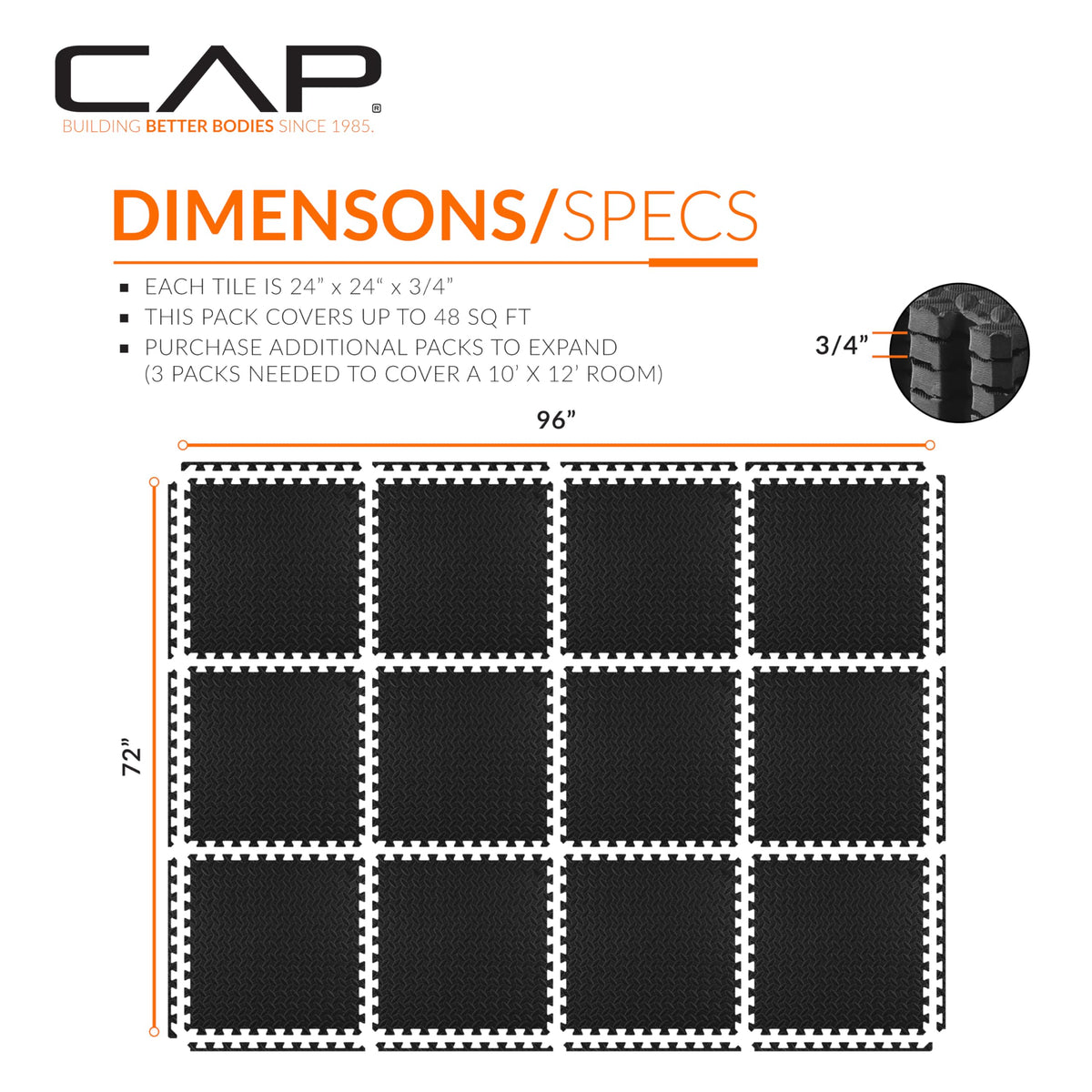 CAP Barbell 3/4-Inch Interlocking EVA Foam Exercise Puzzle Mat Home Gym Flooring - 2 Pack | 24" x 24" x 3/4" | Diamond Pattern - Black