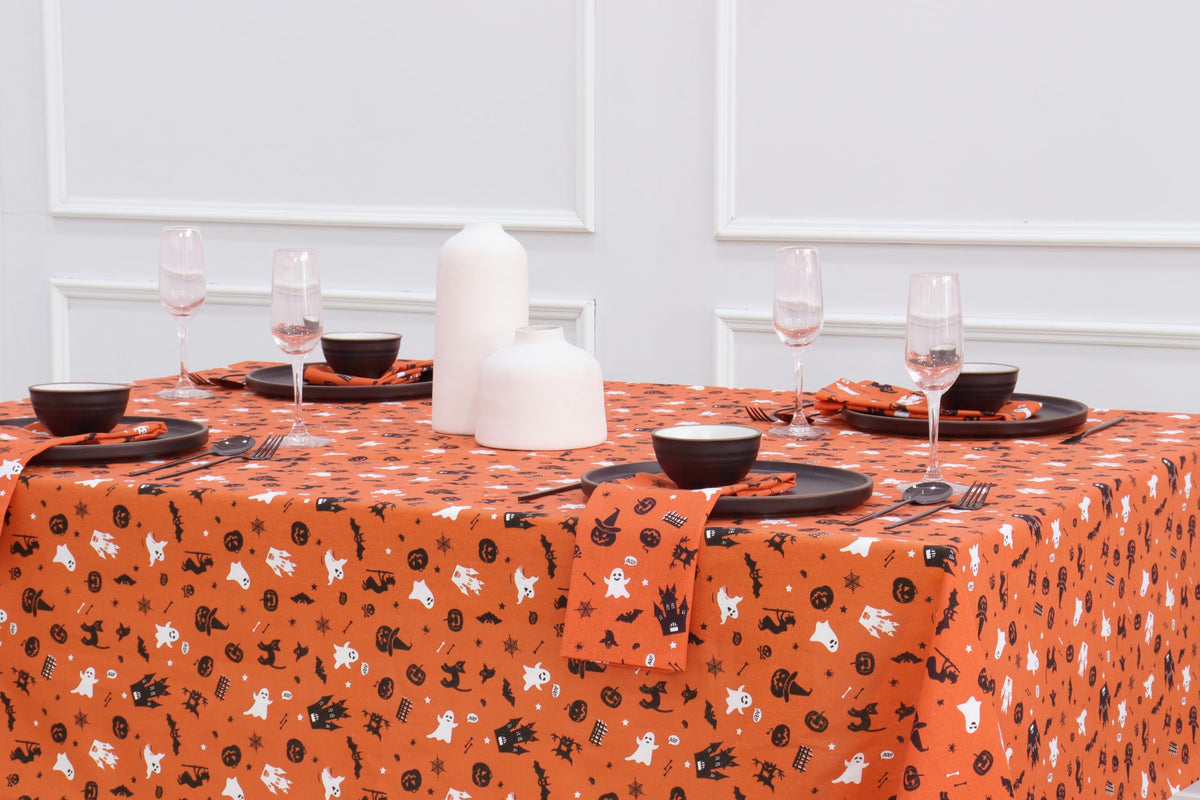 PurpleEssences Orange Black Halloween Tablecloth, Square Halloween Party Tablecloth Decoration, 52x52 Inch Machine Washable Cotton Table Cover, Haunted House