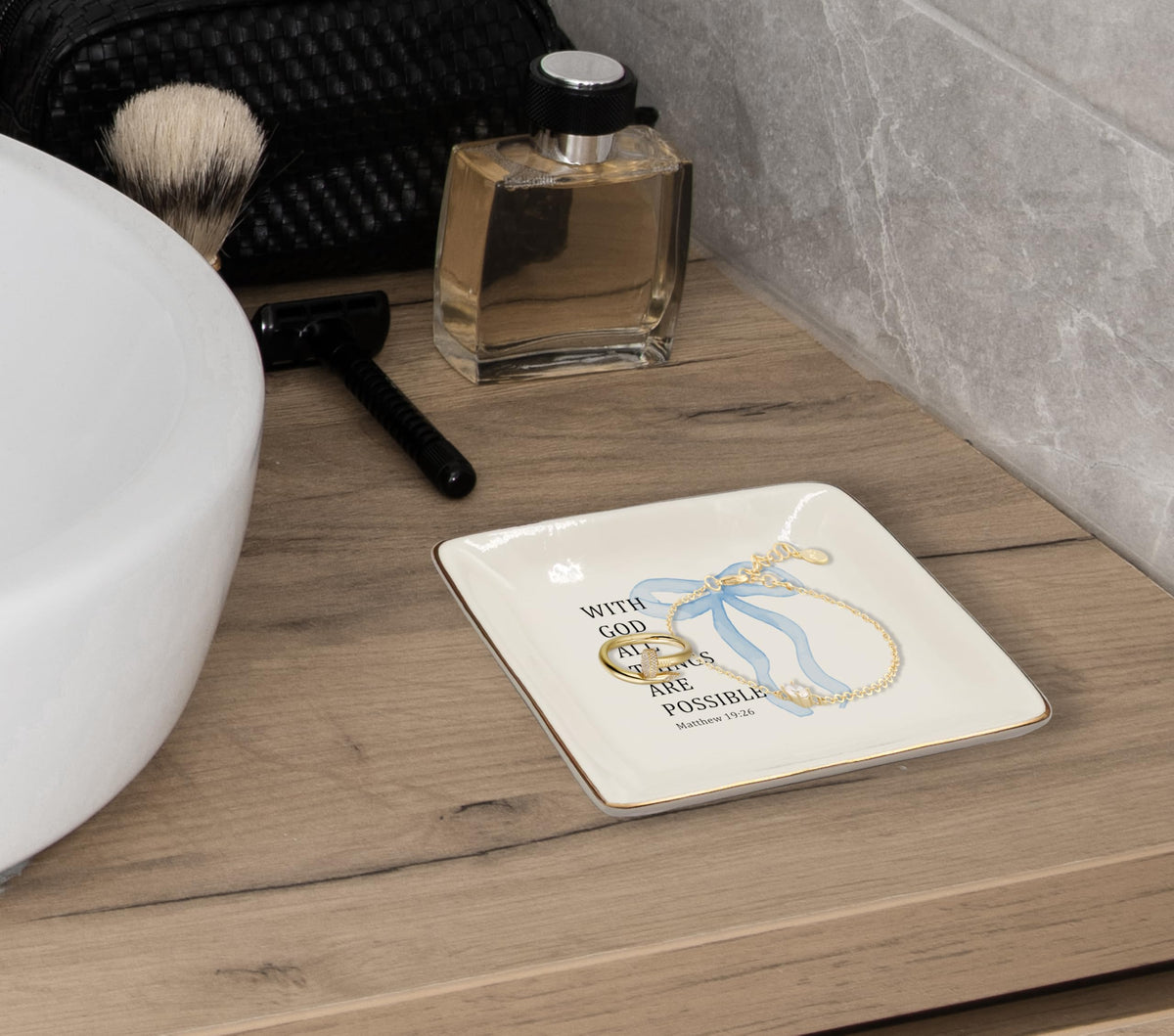 WODMIS Christian Coquette Blue Bow Ceramic Jewelry Tray Dish, Preppy Bible Verse Jewelry Plate Ring Trinket Dish, Trendy Aesthetic Ribbon Gifts for Women Bestie Best Friends 511