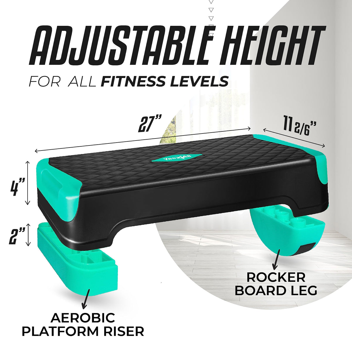 Yes4All 2-in-1 Adjustable Aerobic Stepper with Rocker Balance Board Legs for Home Workout, Step Exercise & Balance Training - Neo Green