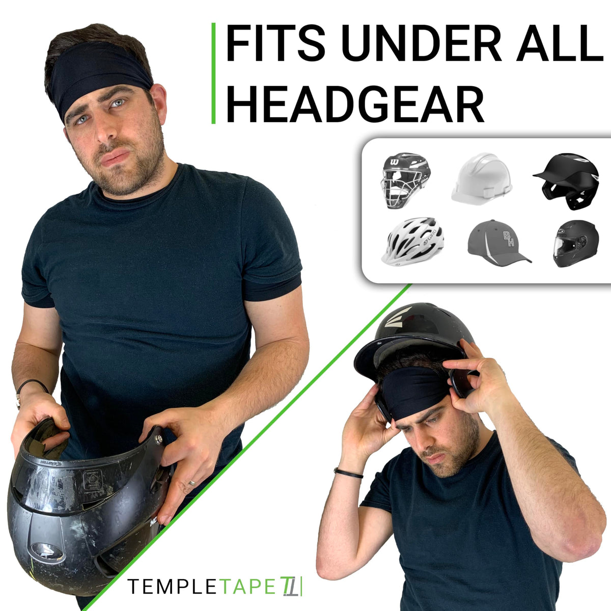Temple Tape, Value 2-Pack, Mens Headband - Guys Sports Headbands Moisture Wicking Workout Sweatbands for Running, Cross Training, Skiing and Bike Helmet Friendly - 1-Black & 1-Gray Sweatband