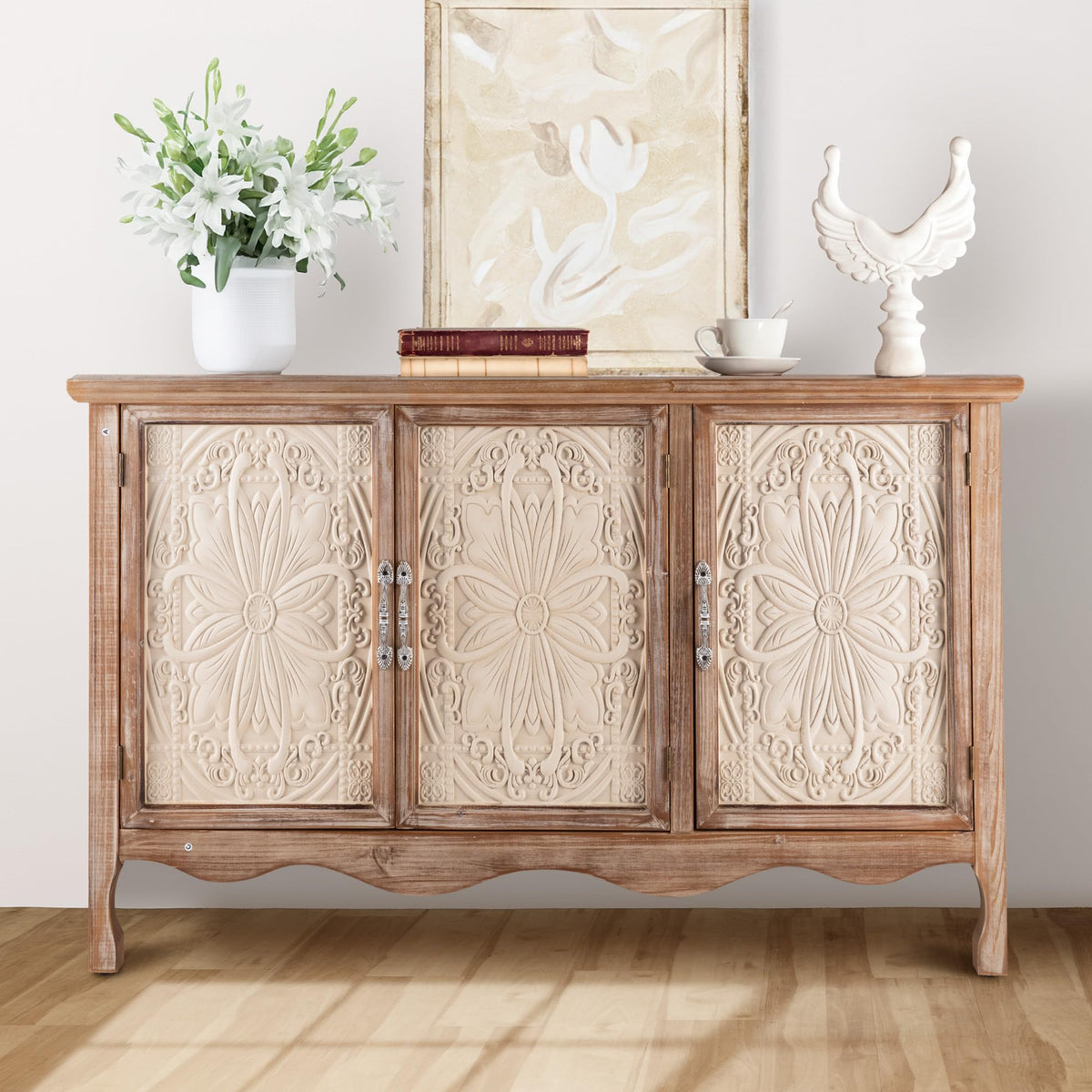 FansaFurn Accent Storage Cabinet with 3 Carved Doors and Shelves, Farmhouse Sideboard Buffet Sideboard with Storage, Wood Kitchen Cabinet for Living Room, Entryway, Dining Room and Kitchen, Natural