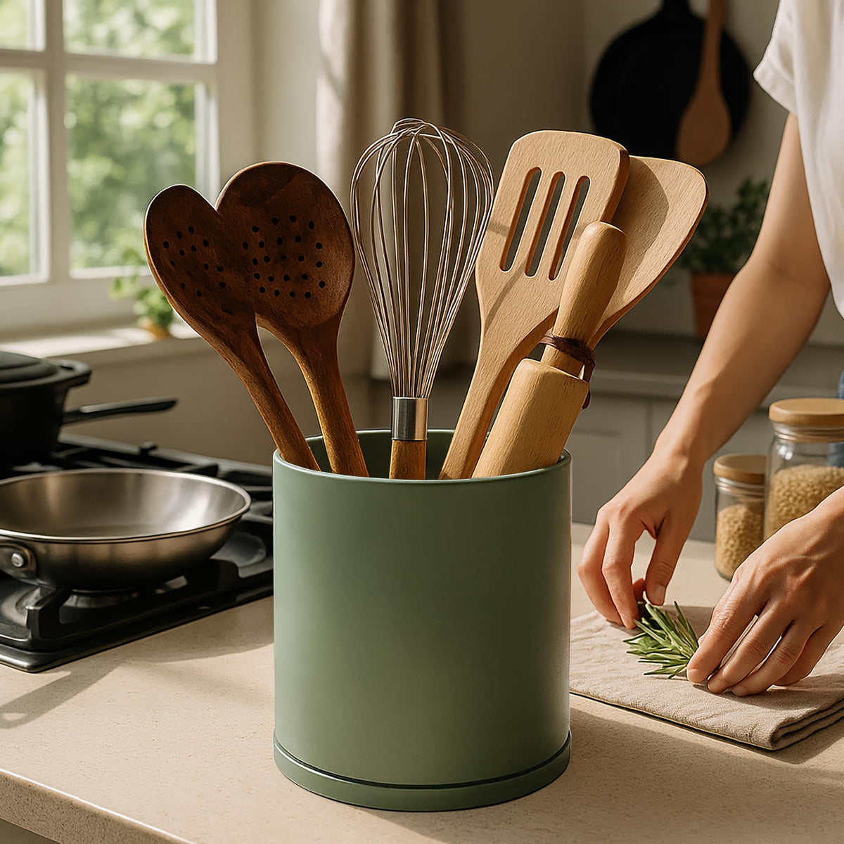 D'vine Dev 360° Rotating Utensil Holder – 7.2" Kitchen Utensil Crock for Countertop, Modern Cooking Tool Organizer for Kitchen Storage & Décor, Set of 2, Olive, 72-Y-C-2