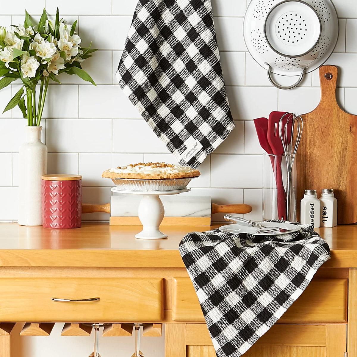 DII Washed Waffle Weave Collection, Dishtowel Set, 18x28, Black Check, 2 Piece