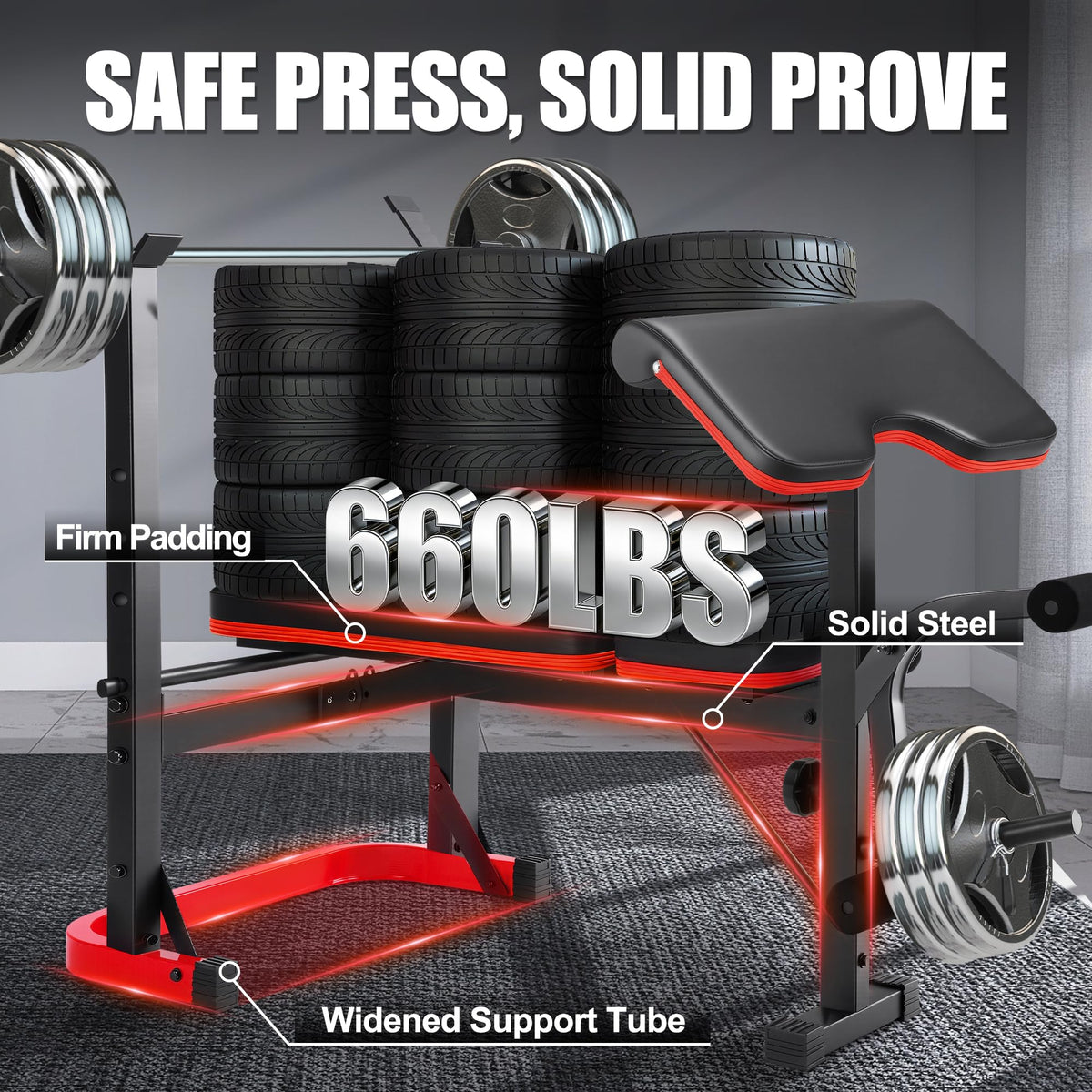 OPPSDECOR Foldable Weight Bench Set with Preacher Curl Pad and Squat Rack, 660LBS Adjustable Bench Press with Leg Extension and Leg Curl, Incline Decline Home Gym Bench for Women Teens Full Body Strength Training