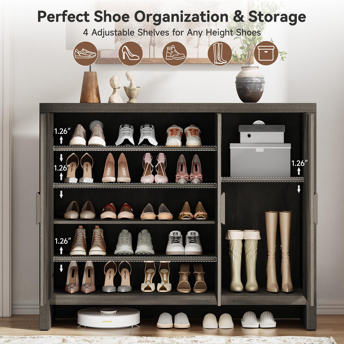 ONBRILL Shoe Cabinet with 3 Doors, 30 Pairs Shoe Storage Cabinet with Adjustable Shelves & Ventilation Hole Design, 47'' Wide Shoe Rack Shoe Organizer Cabinet for Entryway Living Room (Black Smoky)