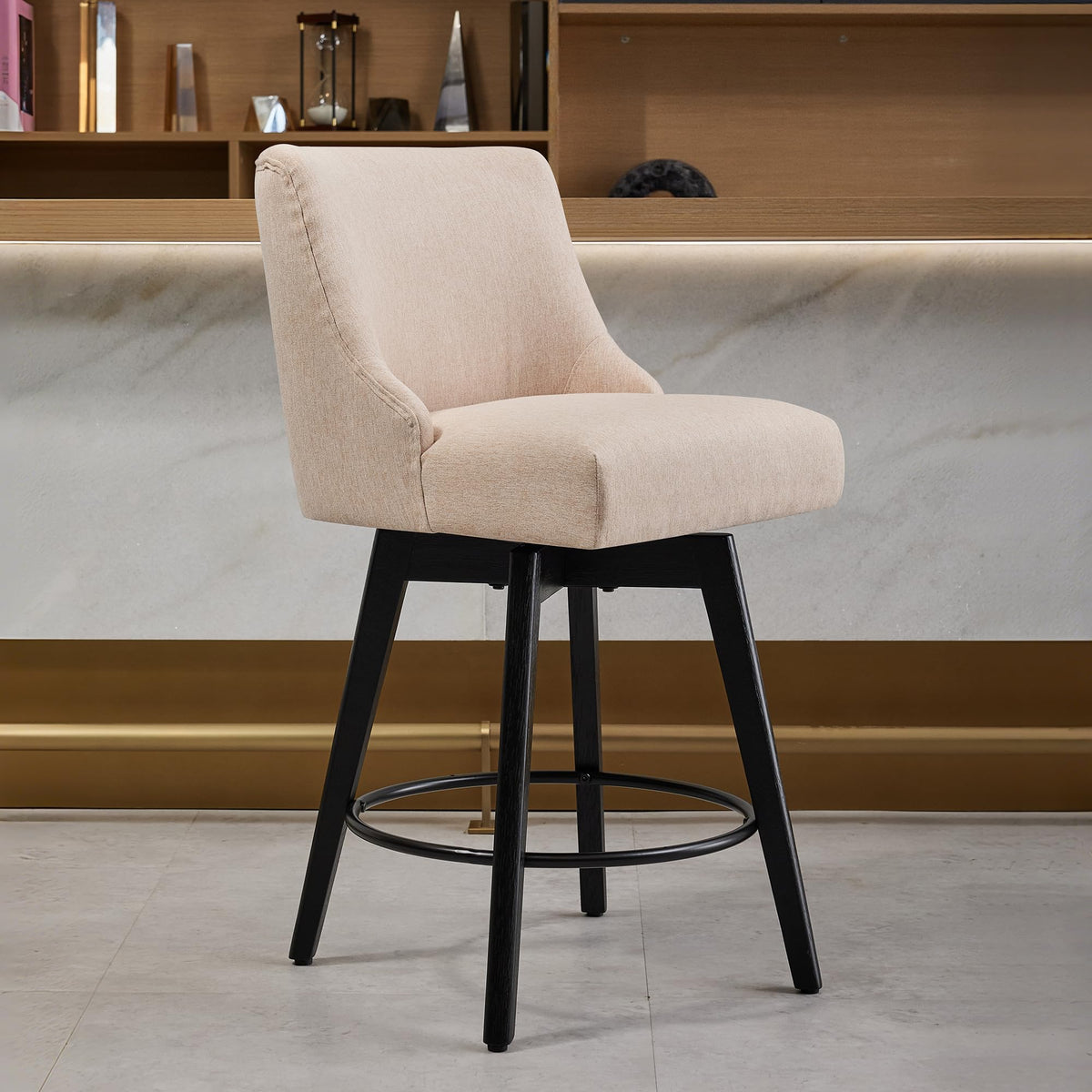 Vipbear Counter Height Bar Stools Set of 2, Modern Linen Fabric Swivel Barstools with Contoured Backs and Solid Wood Legs, 26" Seat Height Upholestered Bar Chairs for Kitchen Island, Flax Beige