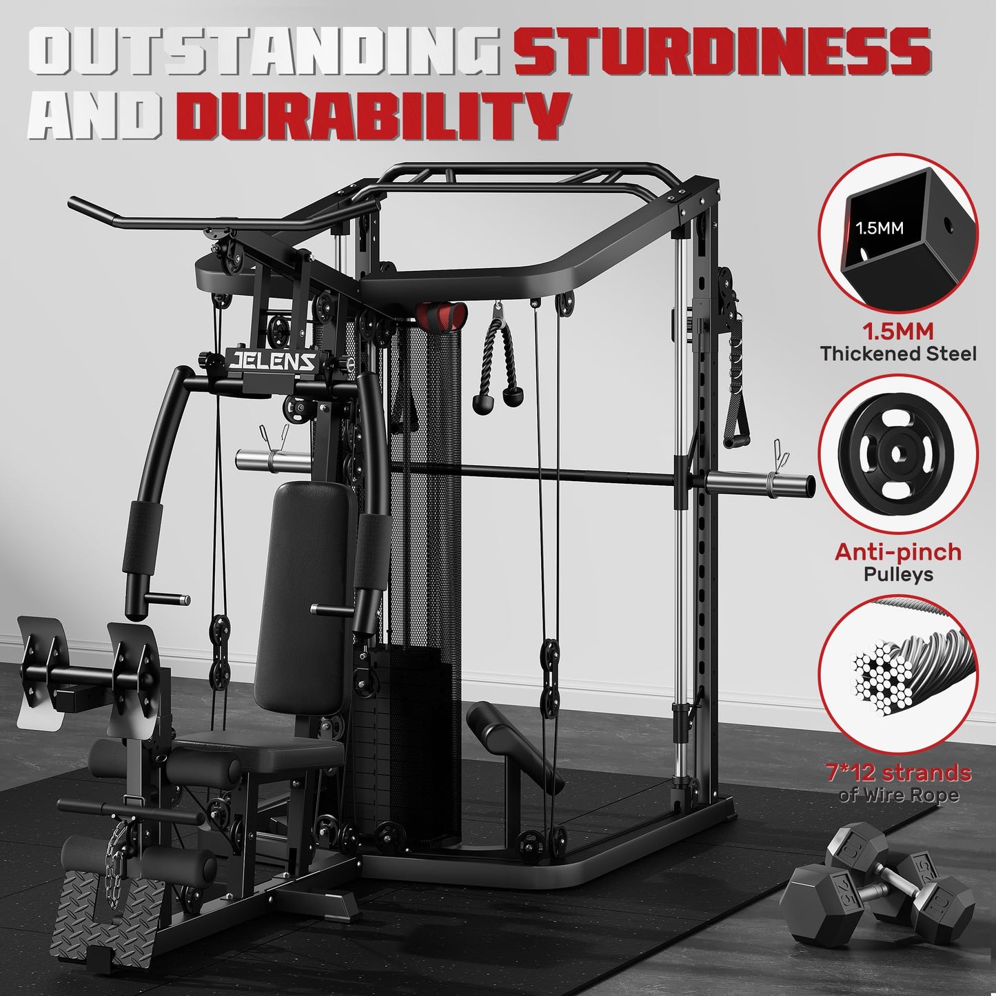 JELENS Home Gym System, 150LB Weight Stack Smith Machine with LAT Pull-Down & Leg Press, All-in-One Strength Training Equipment, Workout Station for Workout (Black, 190LBS Black Weights Package)