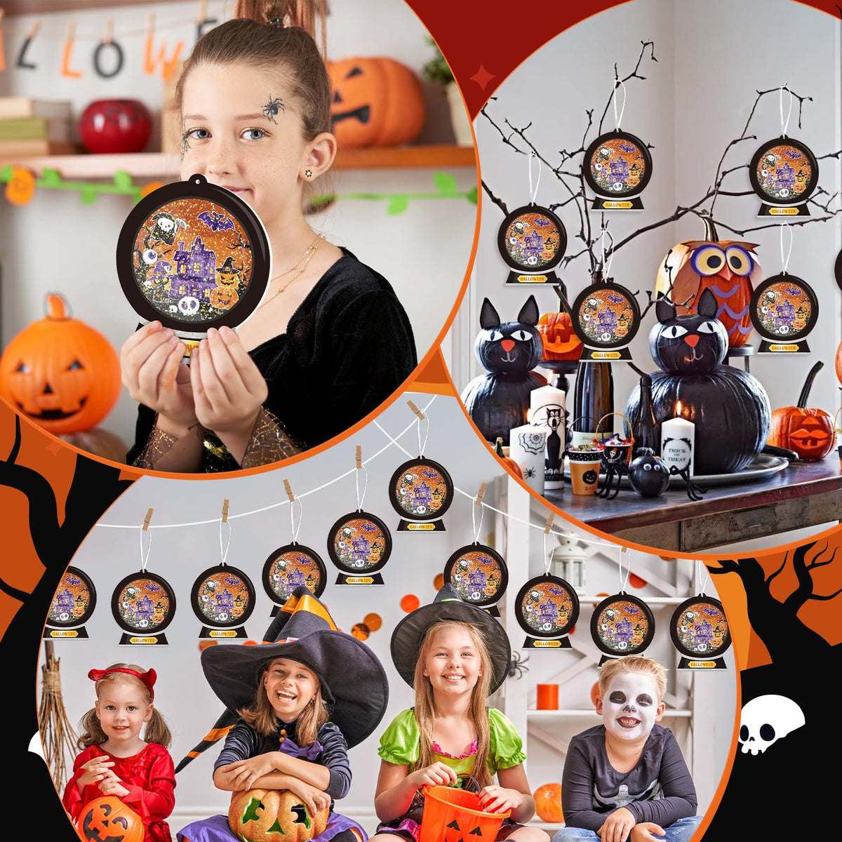 WATINC Halloween Snow Globe Craft Kit - DIY EVA Ghost Pumpkin Scene Crystal Ball Hanging Ornament with Glitter Sequins Sugar Paper, Trick-or-Treat Skeleton Black Cat Party Favor for Home School(24Pcs)