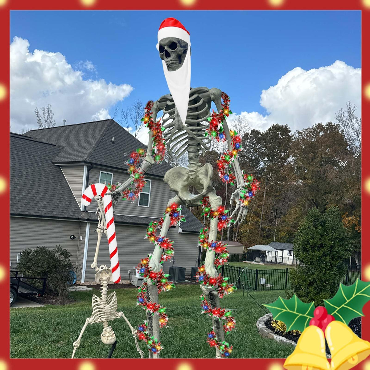 JcHrmers 4 Pcs Christmas 12 ft Skeleton Santa Costume Accessories Including Giant Santa Hat Top Long Beard Inflatable Candy Cane 16.4FT Christmas Tinsel Garland for Xtmas Outdoor Decor