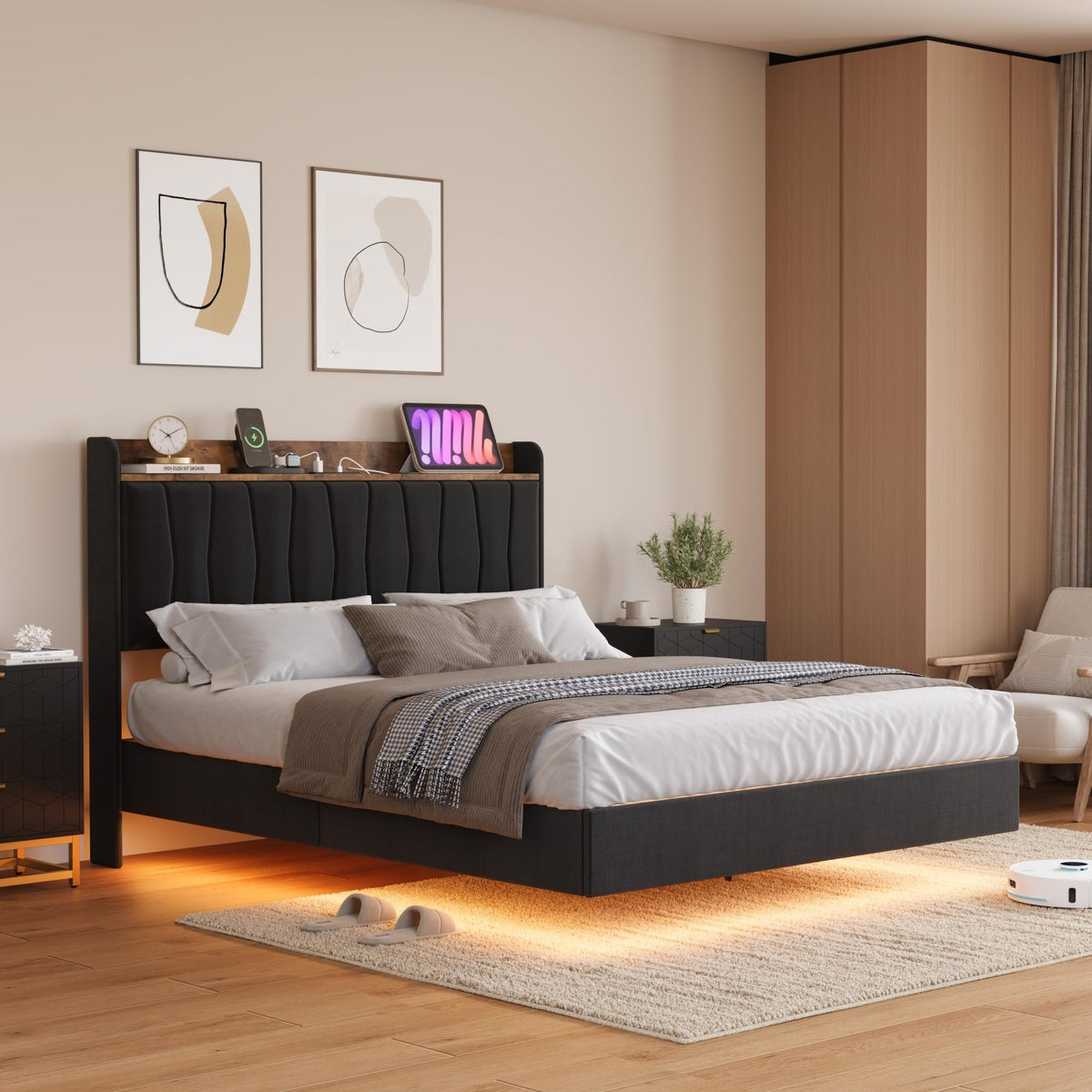 GAOMON Floating King Size Bed Frame with Upholstered Storage Headboard, Platform Bed Frame with LED Lights & Charging Station, Wood Slats Support, No Box Spring Needed, Black