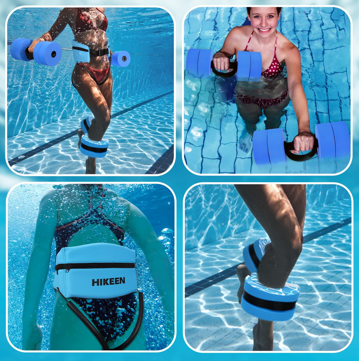 Hikeen 6-Piece Water Aerobics Pool Exercise Equipment, Aqua Aerobics Equipment Set,Includes High Density Water Dumbbell Aqua Belt and Ankle Weights for Aquatic Therapy,Pool Fitness