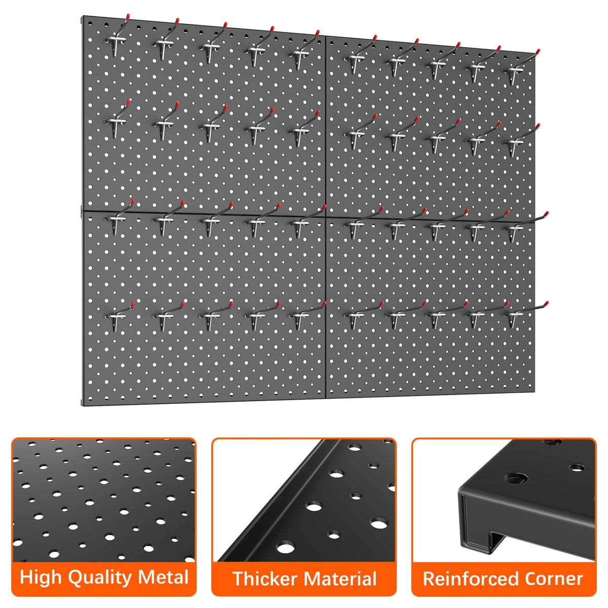 TORACK Metal Pegboard Panels and Hooks for Garage, Workbench, Shop, Shed Tool Organizer Peg Board with 1/8" & 1/4" Holes, Modular Wall-Mounted Pegboard with Pegboard Hooks(Black)