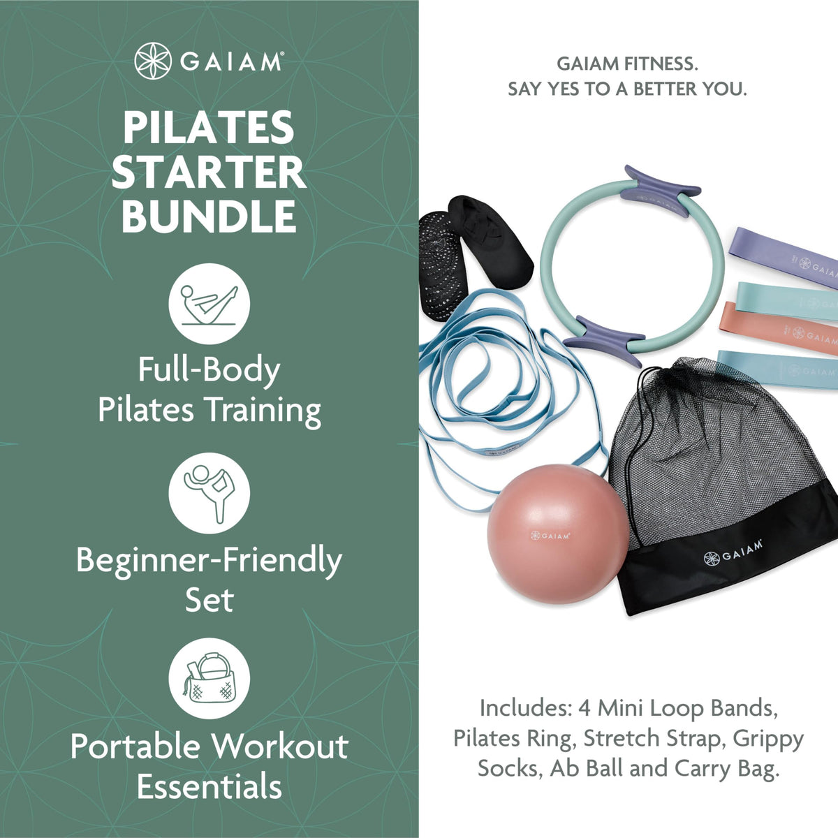 Gaiam Pilates Kit for Women — 6-Piece Starter Bundle with Pilates Ring, Stretch Strap, Grip Socks, Resistance Bands, Mini Ball & Mesh Carry Bag | 12" Magic Circle + 8" Core Ball | Home Workout Set