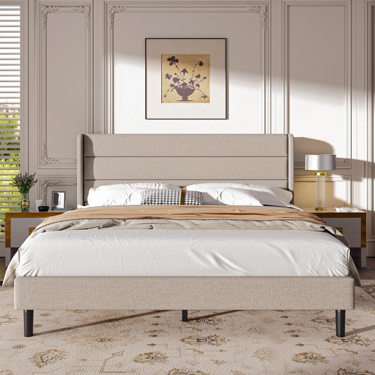Mxhtcewz King Size Upholstered Platform Bed Frame, Modern Linen Fabric Bed with Wingback Headboard, Sturdy No Wobble, Noise-Free & Easy Assembly, No Box Spring Needed, Beige