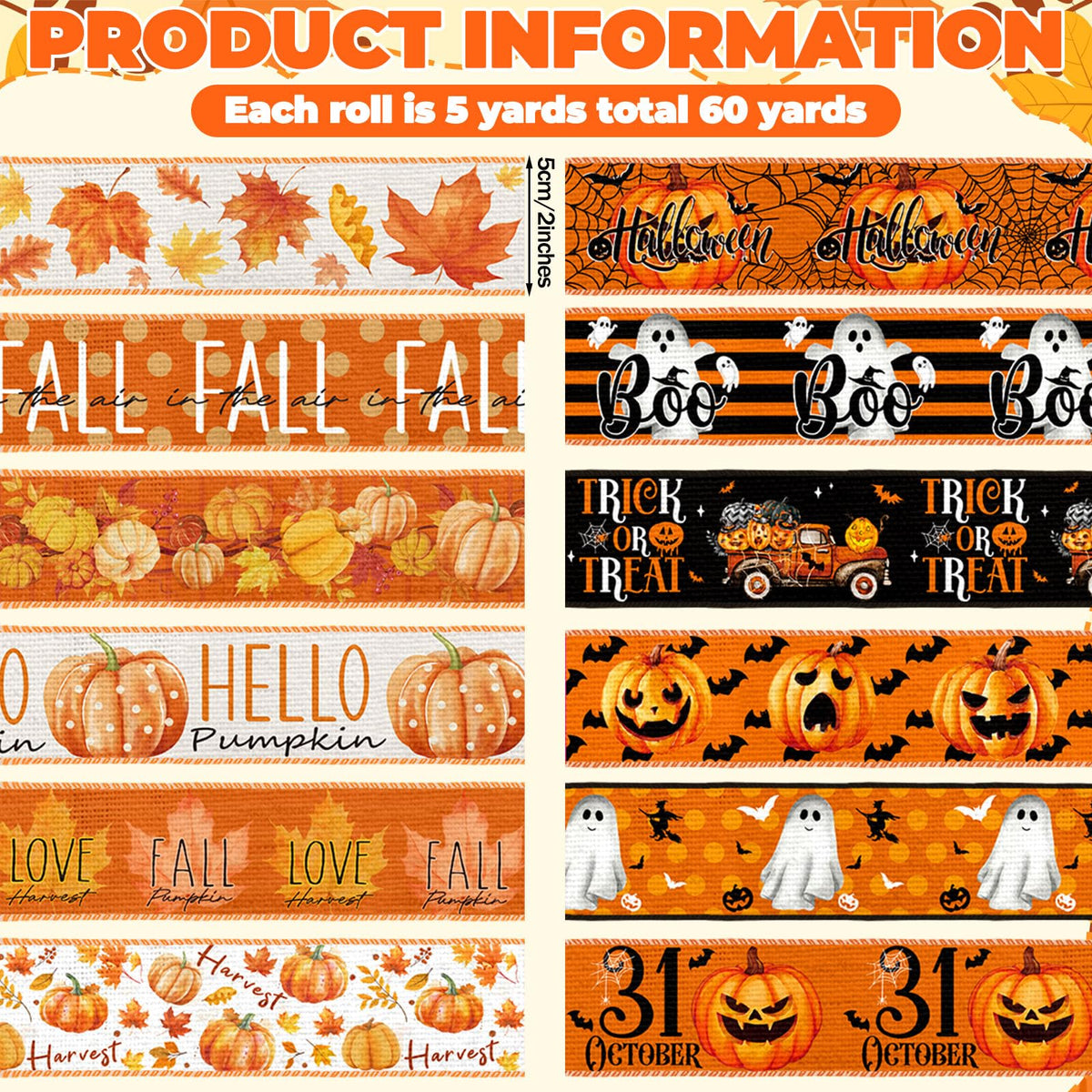 Chunful 12 Rolls Halloween Fall Wired Edge Ribbon 2 Inch x 60 Yards Halloween Fall Ghosts Pumpkins Print Grosgrain Ribbon Orange for Wreath Gift Wrapping Hair Bow Sewing Party Supplies 12 Styles
