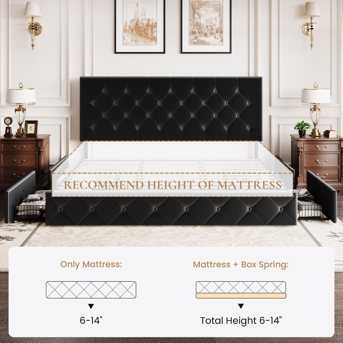 SHA CERLIN King Size Platform Bed Frame with 4 Oversized Storage Drawers, Adjustable Headboard with Velvet Upholstery, Diamond Button Tufted Design, Wooden Slat Support, No Box Spring Needed, Black
