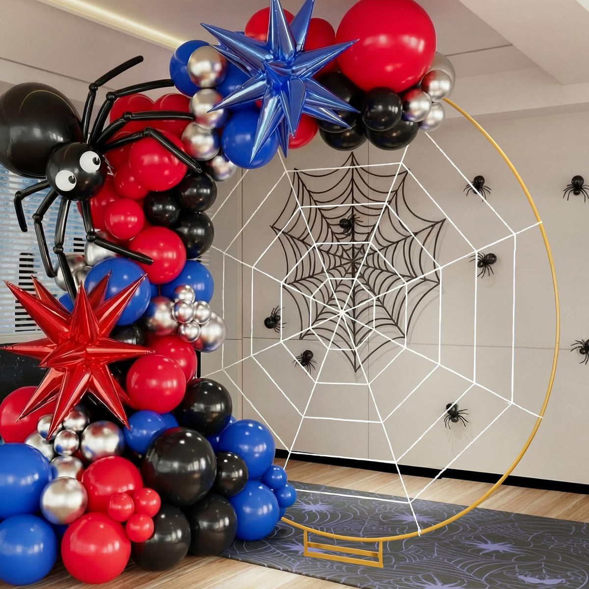 Kathfly Spider Theme Party Decorations, 7.2ft Metal Round Arch 8.2 ft Large Fake Spider Web Indoor Outdoor Cobweb for DIY Balloon Arch Kit Backdrop Haunted House Birthday Party Photo Prop Supplies