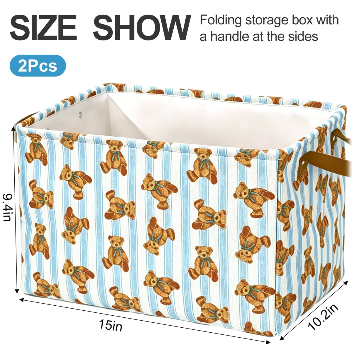 JarThenaAMCS 2 Pcs Cute Bear Storage Basket with Handles Blue Striped Bear Cube Storage Bin Foldable Fabric Container Organizer Box for Home Office Dorm Closet Shelf Toy