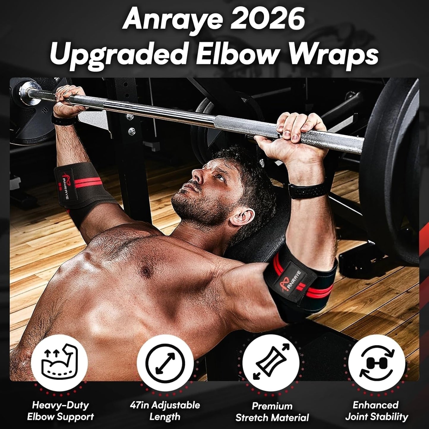 Anraye Elbow Wraps for Weightlifting - 47" Adjustable Compression Straps & Brace for Joint Support (1 Pair), Elbow Wraps Weight Lifting Men Women for Bench Press Powerlifting and Fitness Training