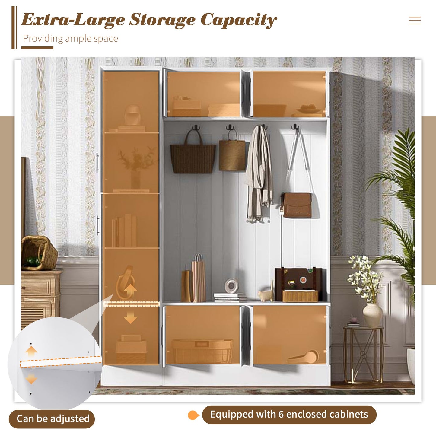 Hall Tree with Bench and Shoe Storage, Entryway Coat Rack with Storage, 4-in-1 Entryway Bench with 6 Cabinets, 4 Coat Hooks & Adjustable Shelf, Mudroom Bench with Storage and Hooks for Hallway, Livin