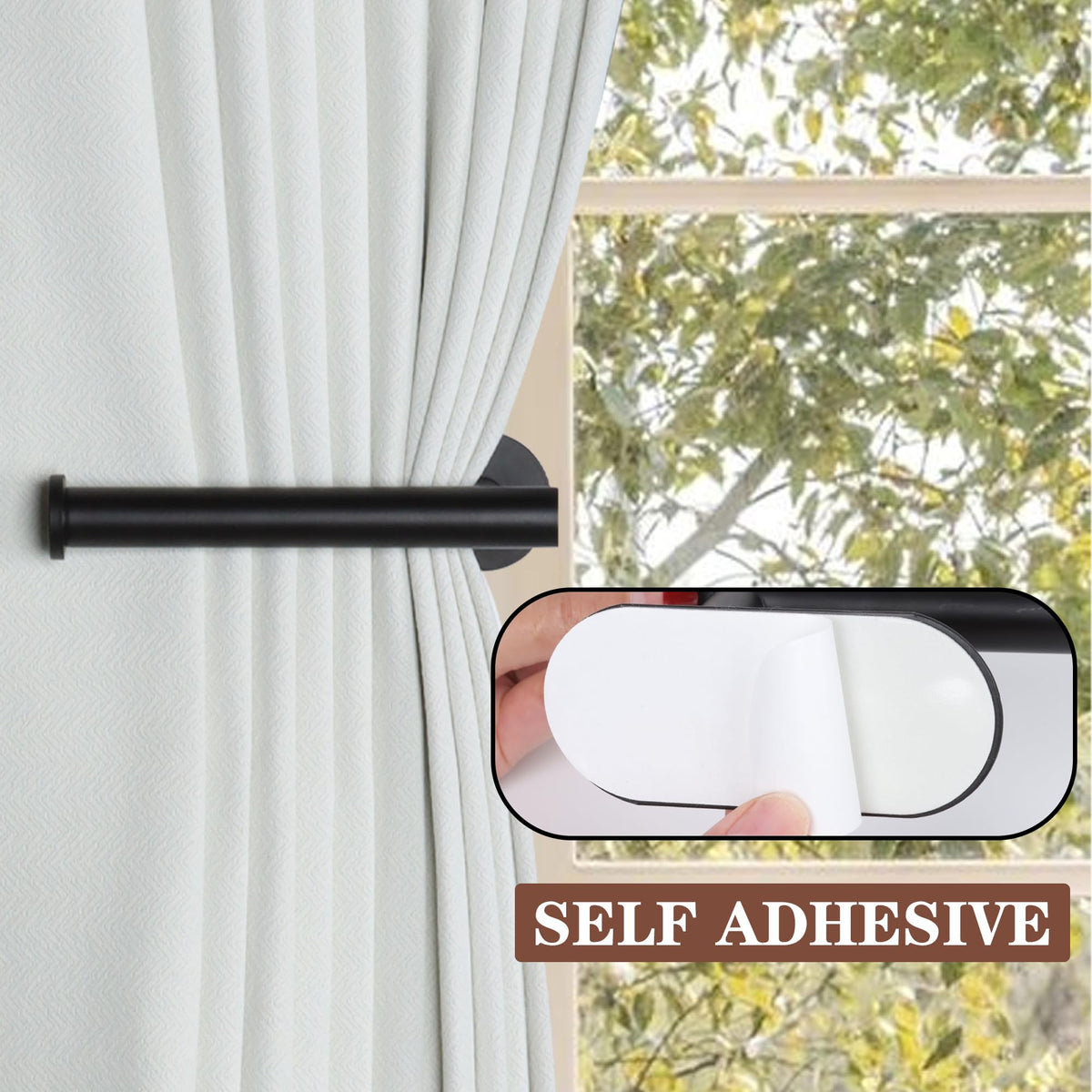 Groleca Adhesive Curtain Holdbacks - 4 Pack No Drill Tie Backs Hooks for Drapes, Damage-Free Wall Mounted Curtain Holders with Strong Adhesive (Black)